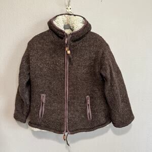 Pachamama Wool Jacket Sherpa Lined Hooded Peruvian Style Brown M/L Cozy